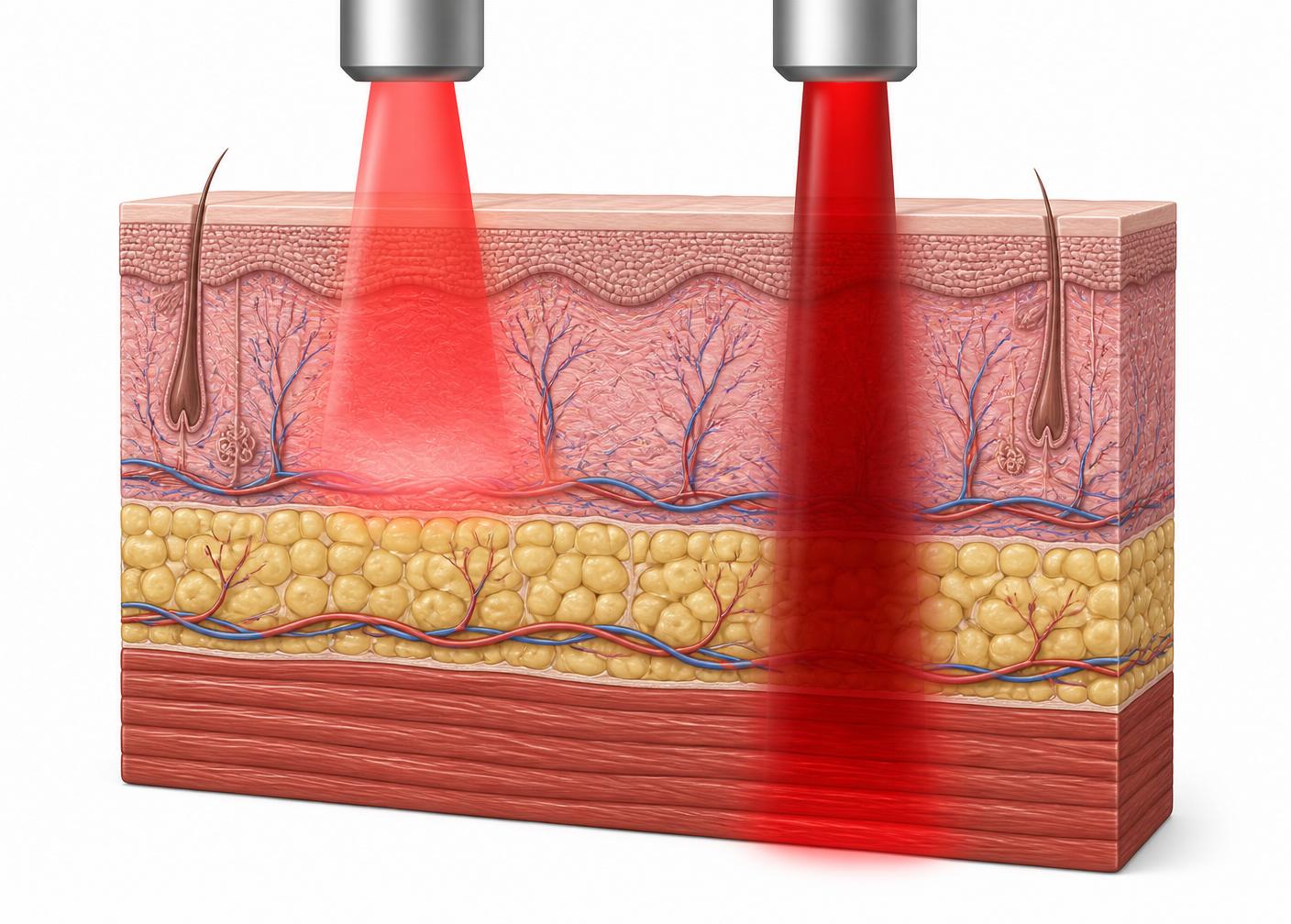 Cross section of skin with red and near-infrared light penetrating to muscle